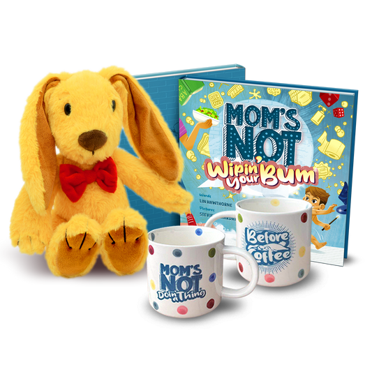 Mom's Not Hardback Book BUNDLE with Abacus Plush Rabbit and Coffee Mug (3 Items)